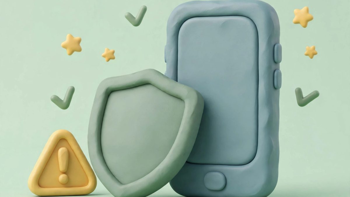 Ilustrasi fitur anti penipuan Android: perisai keamanan dan peringatan penipuan di layar HP