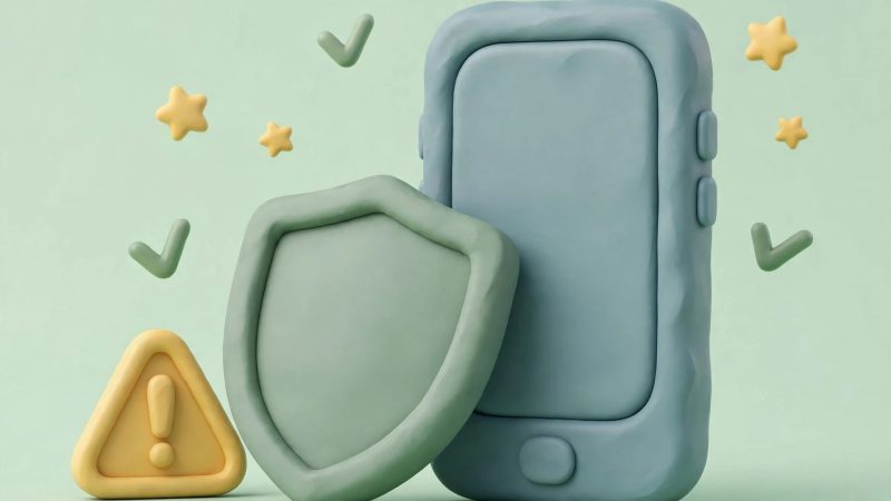 Ilustrasi fitur anti penipuan Android: perisai keamanan dan peringatan penipuan di layar HP