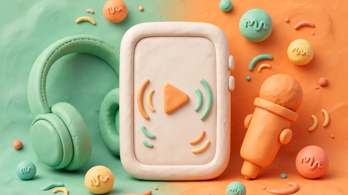 ilustrasi aplikasi podcast Android di HP dengan headphone, mikrofon, dan gelombang suara