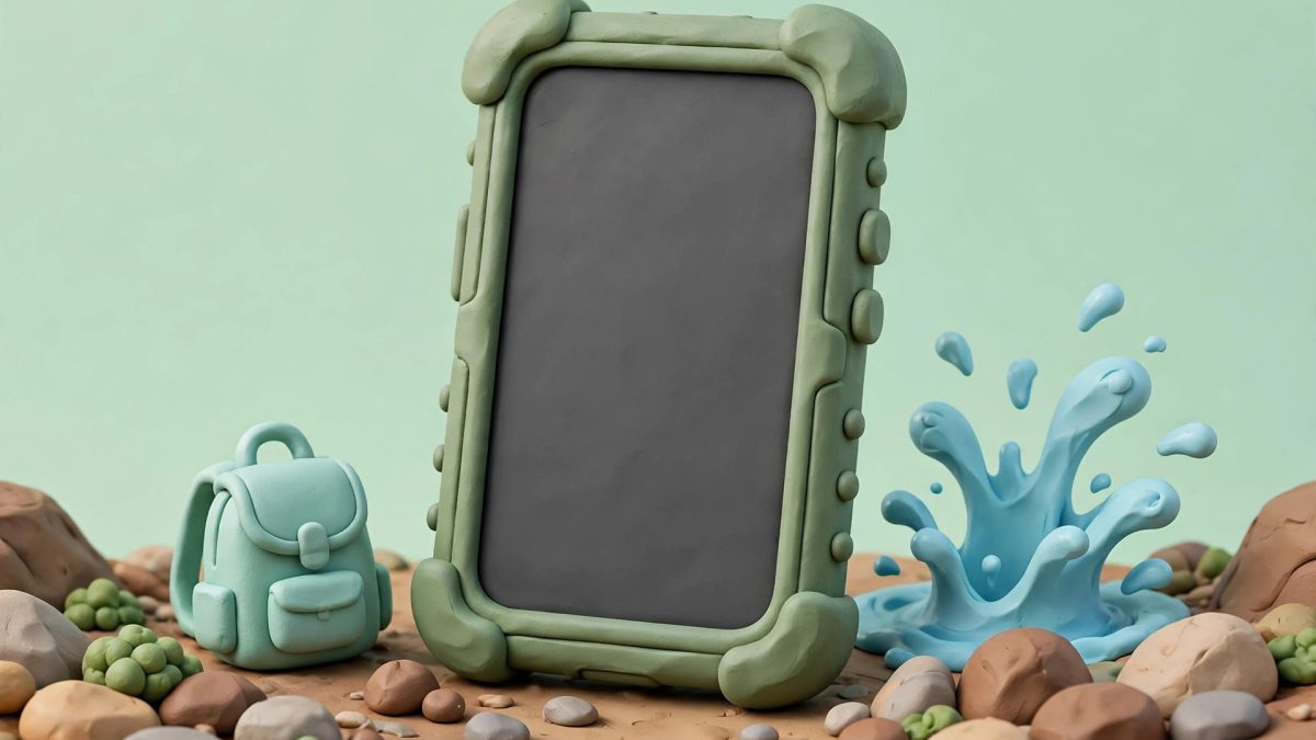 Ilustrasi HP Android tahan banting dengan casing pelindung di jalur outdoor berbatu