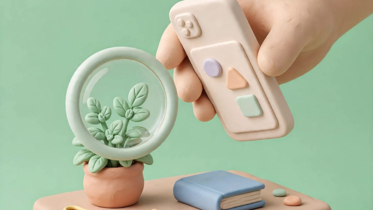 Ilustrasi clay tangan memegang HP dan memindai tanaman dengan Google Lens Android