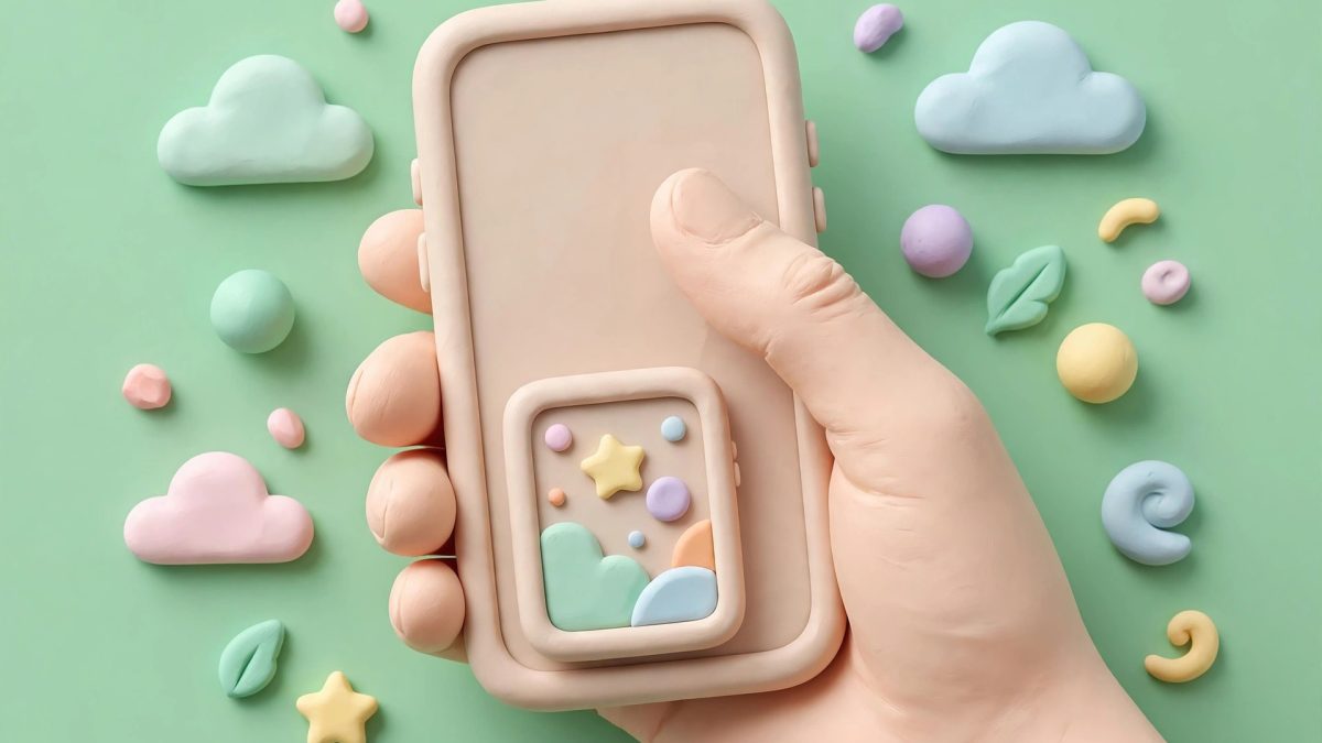 Ilustrasi clay tangan memegang HP dengan mode satu tangan Android dan layar mengecil