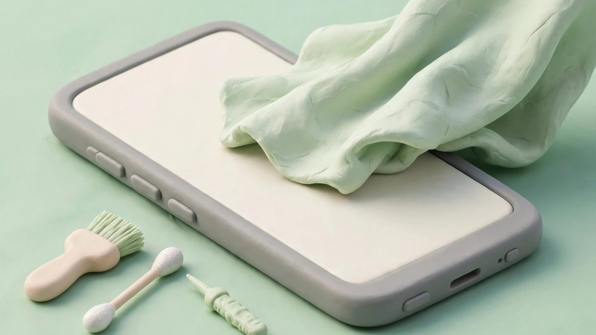 Ilustrasi membersihkan HP Android dengan kain lembut bergaya clay