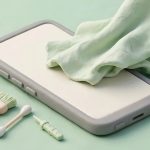 Ilustrasi membersihkan HP Android dengan kain lembut bergaya clay