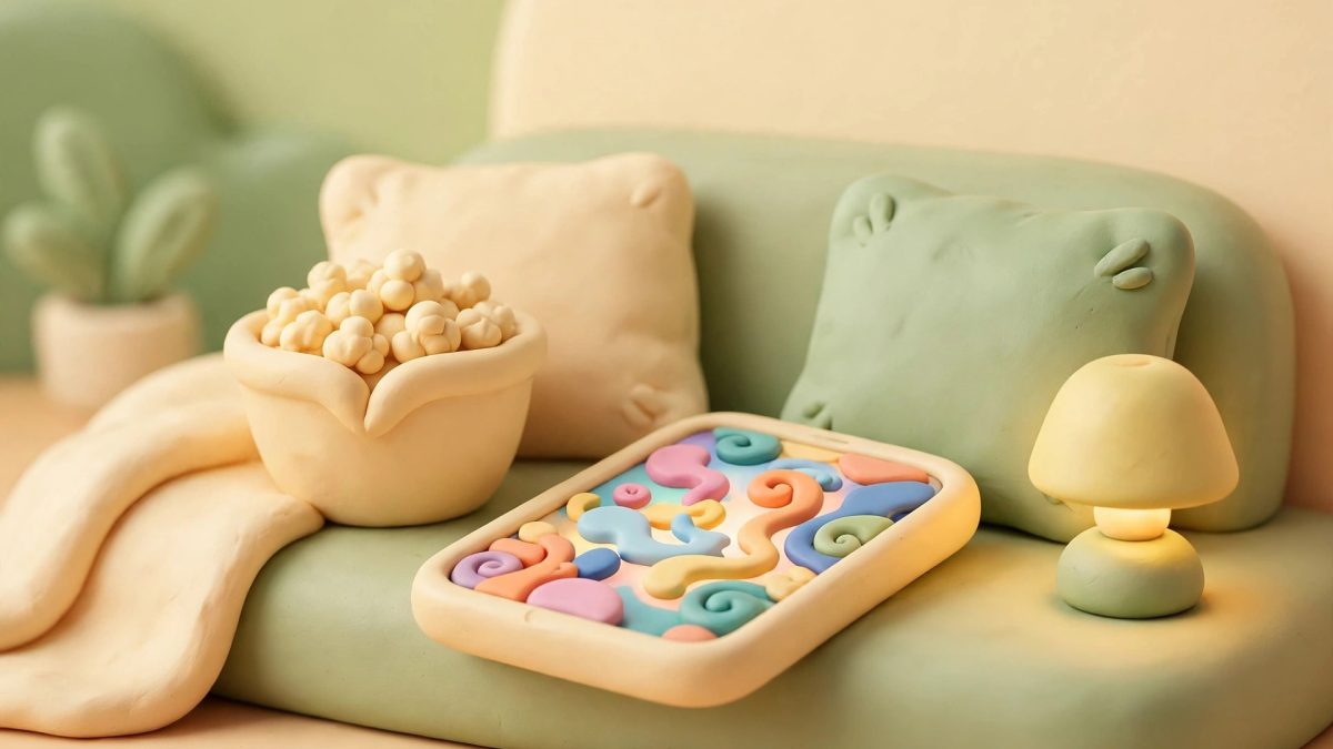 aplikasi streaming film Android di hp yang diletakkan di sofa bersama semangkuk popcorn