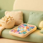 aplikasi streaming film Android di hp yang diletakkan di sofa bersama semangkuk popcorn
