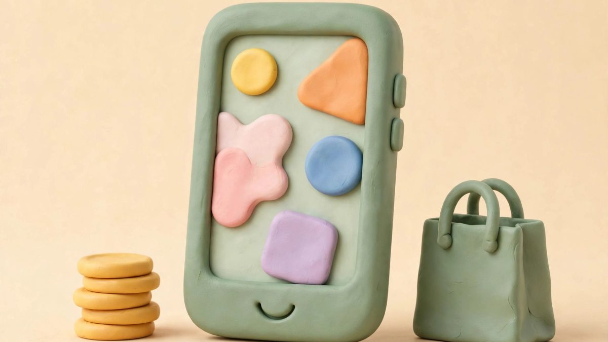 Ilustrasi HP Android 1 jutaan bergaya clay dengan HP hijau dan tas belanja