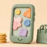 Ilustrasi HP Android 1 jutaan bergaya clay dengan HP hijau dan tas belanja