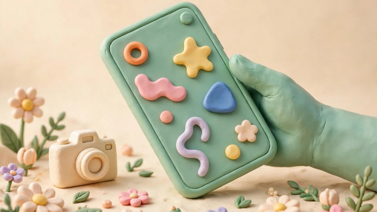 Ilustrasi HP Android kamera selfie terbaik bergaya clay dengan HP hijau dan kamera kecil