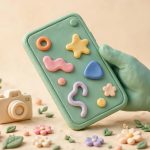 Ilustrasi HP Android kamera selfie terbaik bergaya clay dengan HP hijau dan kamera kecil