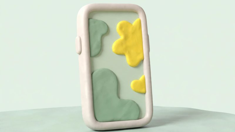 Ilustrasi Galaxy S22 gaya clay dengan layar abstrak hijau dan kuning
