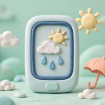 Ilustrasi aplikasi cuaca Android di layar HP dengan simbol matahari, awan, dan hujan