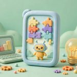 Ilustrasi belajar coding di layar HP dengan blok kode dan robot kecil