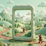 Ilustrasi game open world di HP Android bergaya clay
