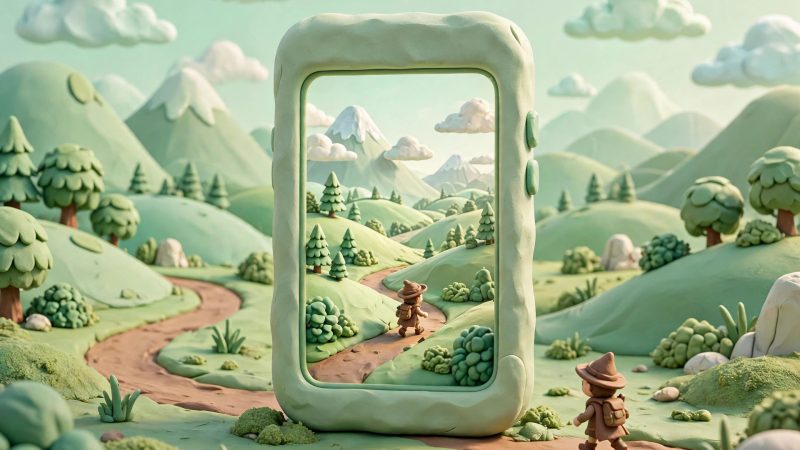Ilustrasi game open world di HP Android bergaya clay